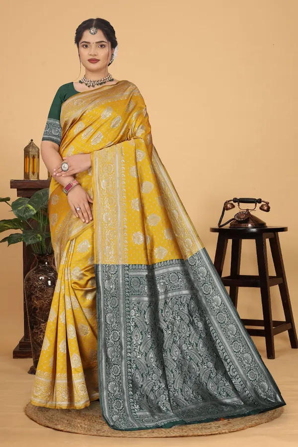 Women's_Banarasi_Silk_Saree_for_Women_|_Traditional_Woven_Saree_with_Contrast_Border_&_Pallu_|_For_Traditional,_Festive_&_Wedding_Saree_with_Blouse_Piece_(Silver_-_Yellow_&_Dark_Green)