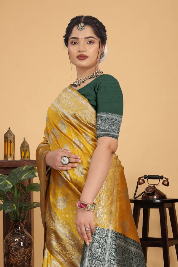 Women's_Banarasi_Silk_Saree_for_Women_|_Traditional_Woven_Saree_with_Contrast_Border_&_Pallu_|_For_Traditional,_Festive_&_Wedding_Saree_with_Blouse_Piece_(Silver_-_Yellow_&_Dark_Green)
