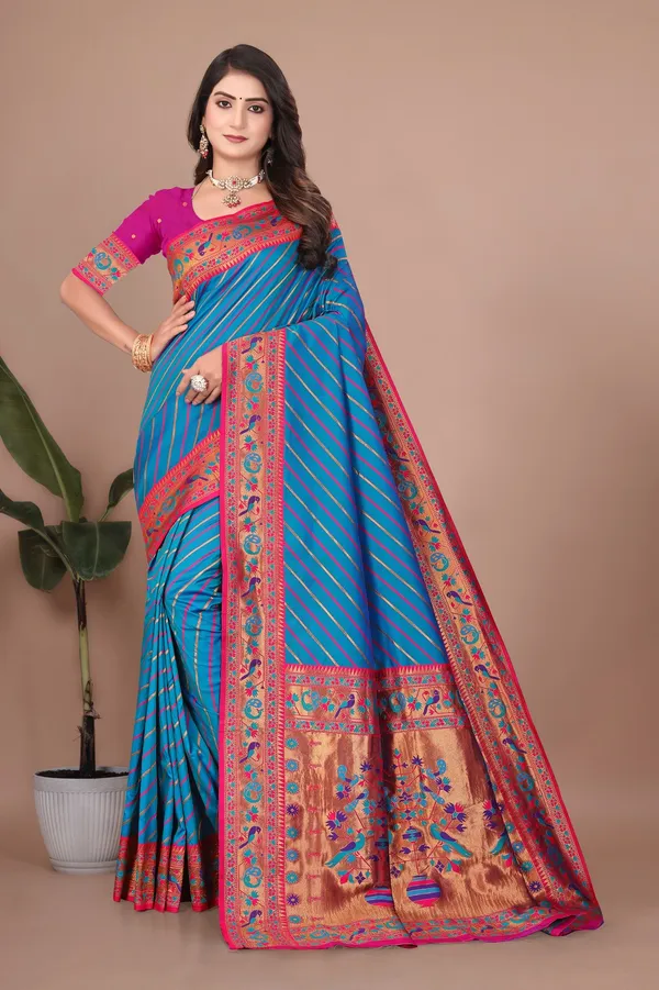 Pure_Silk_Paithani_Saree_with_Rich_Zari_Tree_&_Peacock_Motifs_|_For_Traditional_Wedding_&_Festivals_|_5.5m_Saree_+_0.8m_Blouse_(Royal_Blue_&_Pink)