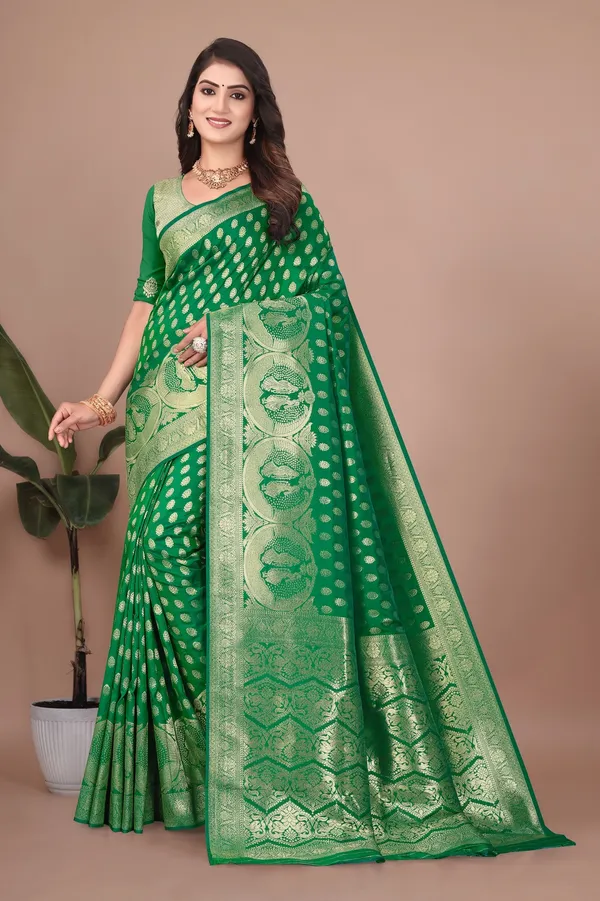 Bottle_Green_Banarasi_Silk_Saree_with_Gold_&_Silver_Zari_for_Women_|_For_Traditional_Wedding_&_Festivals_|_5.5m_Saree_+_0.8m_Blouse