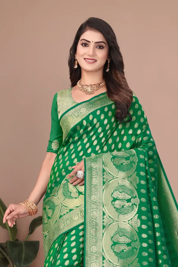 Bottle_Green_Banarasi_Silk_Saree_with_Gold_&_Silver_Zari_for_Women_|_For_Traditional_Wedding_&_Festivals_|_5.5m_Saree_+_0.8m_Blouse