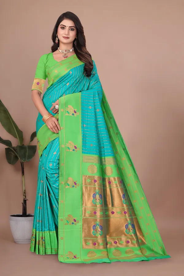 Pure_Silk_Paithani_Saree_with_Rich_Zari_Woven_Border_&_Peacock_Motifs_|_For_Traditional_Wedding_&_Festivals_|_5.5m_Saree_+_0.8m_Blouse_(Sky_Blue_&_paris_Green)