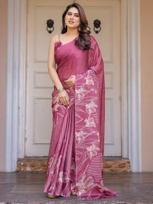 Wine_Pink_Stripe_Print_Satin_Georgette_Saree_with_Designer_Blouse_|_Elegant_Party_Wear_Saree
