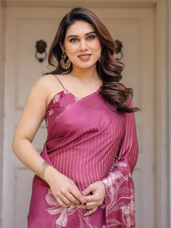 Wine_Pink_Stripe_Print_Satin_Georgette_Saree_with_Designer_Blouse_|_Elegant_Party_Wear_Saree