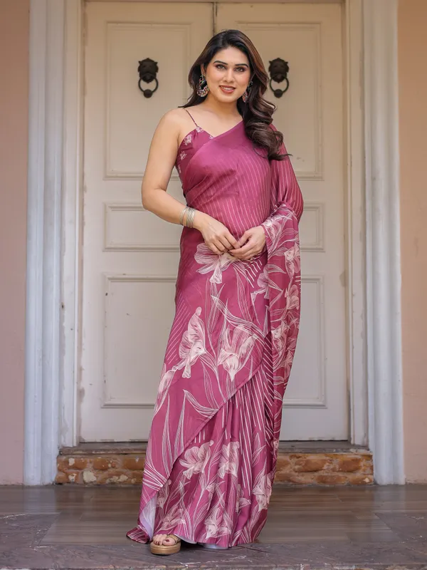 Wine_Pink_Stripe_Print_Satin_Georgette_Saree_with_Designer_Blouse_|_Elegant_Party_Wear_Saree