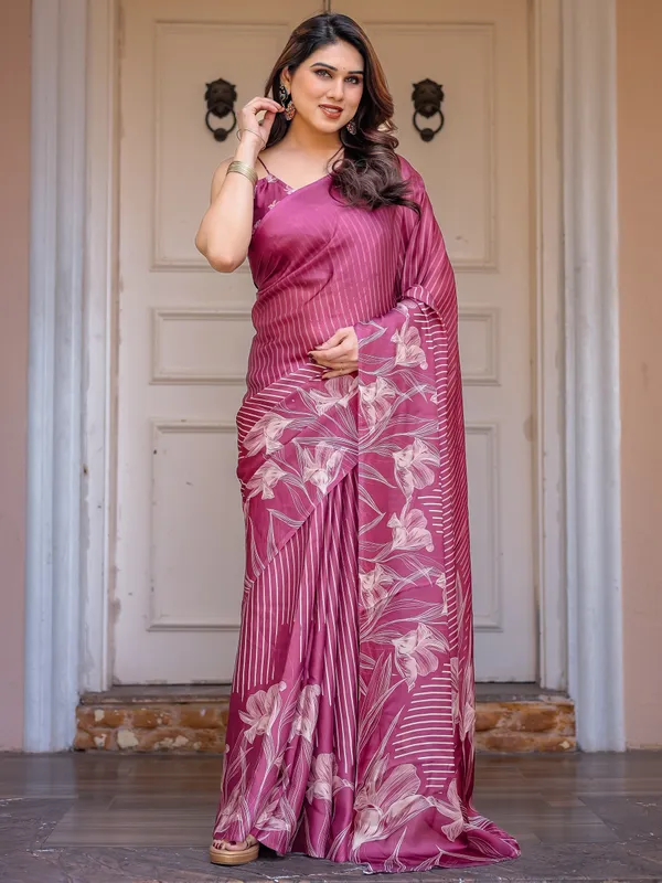 Wine_Pink_Stripe_Print_Satin_Georgette_Saree_with_Designer_Blouse_|_Elegant_Party_Wear_Saree