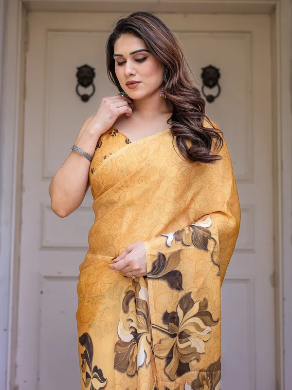 Mustard_Floral_Printed_Satin_Georgette_Saree_for_Women_with_Designer_Blouse_|_Elegant_Soft_Party_Wear_Saree