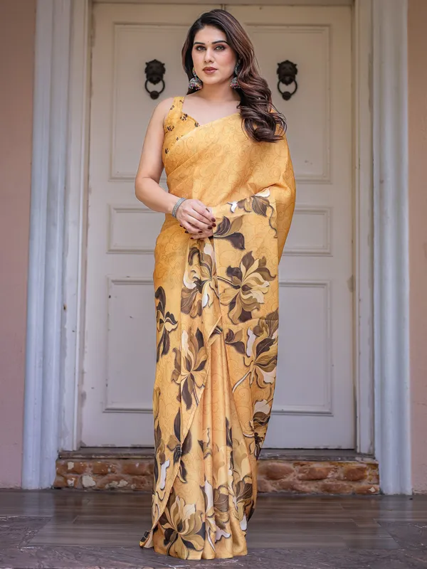 Mustard_Floral_Printed_Satin_Georgette_Saree_for_Women_with_Designer_Blouse_|_Elegant_Soft_Party_Wear_Saree