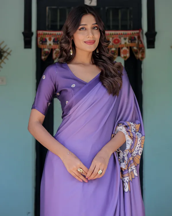 Lavender_Purple_Satin_Georgette_Saree_Earthy_Mandala_Print_&_Printed_Pleats_Handsfree_Loop_Drape_With_Unstitched_Blouse