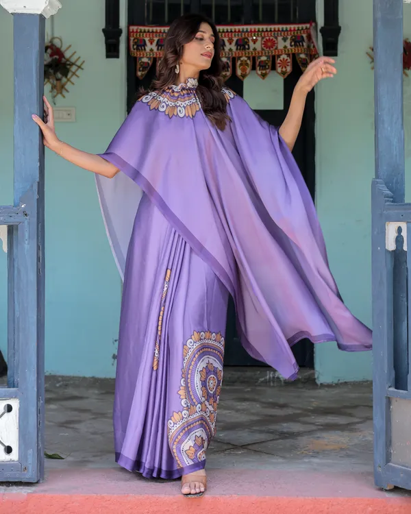 Lavender_Purple_Satin_Georgette_Saree_Earthy_Mandala_Print_&_Printed_Pleats_Handsfree_Loop_Drape_With_Unstitched_Blouse
