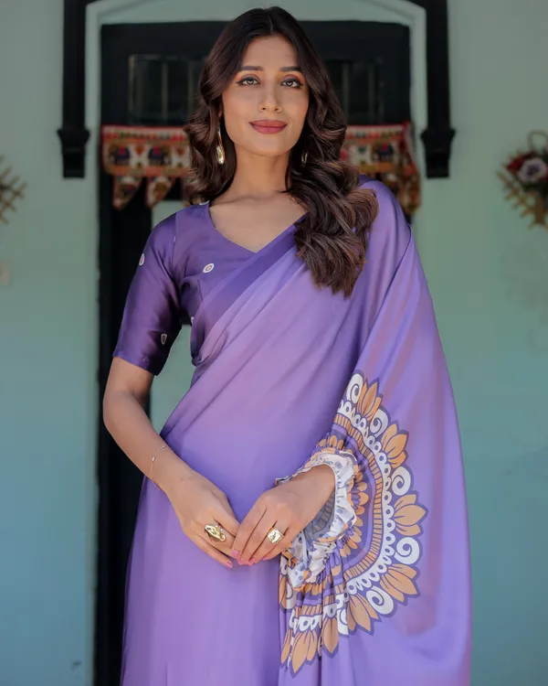 Lavender_Purple_Satin_Georgette_Saree_Earthy_Mandala_Print_&_Printed_Pleats_Handsfree_Loop_Drape_With_Unstitched_Blouse