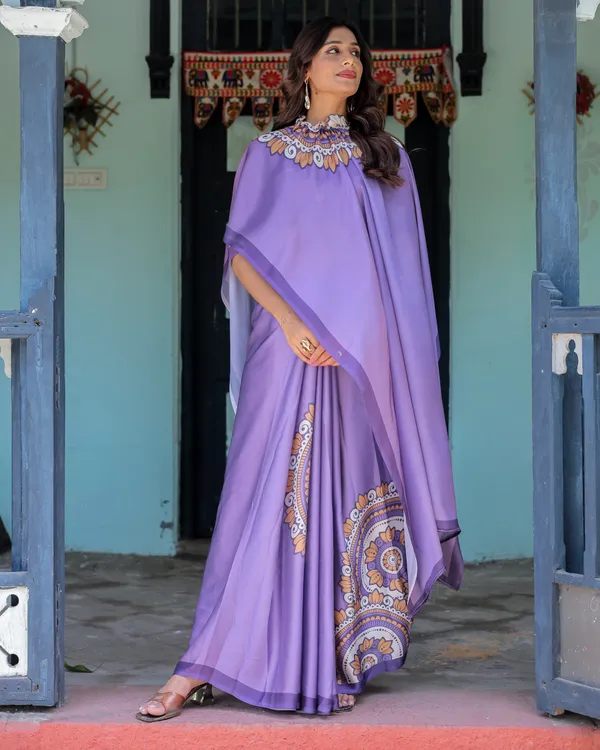 Lavender_Purple_Satin_Georgette_Saree_Earthy_Mandala_Print_&_Printed_Pleats_Handsfree_Loop_Drape_With_Unstitched_Blouse