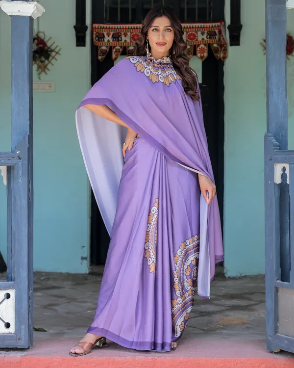 Lavender_Purple_Satin_Georgette_Saree_Earthy_Mandala_Print_&_Printed_Pleats_Handsfree_Loop_Drape_With_Unstitched_Blouse