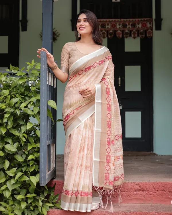 Peach_Beige_Linen_Printed_Saree_with_Designer_Border_and_Tassel_Detailing_with_Unstitched_Blouse_for_Women