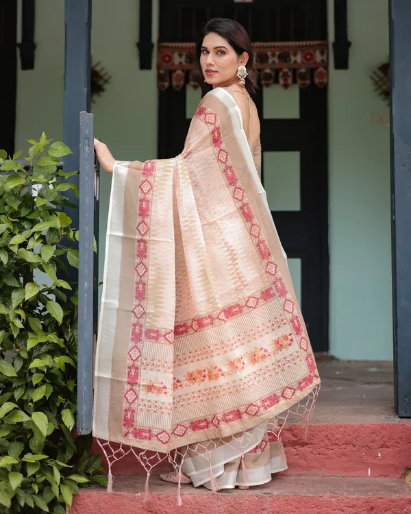 Peach_Beige_Linen_Printed_Saree_with_Designer_Border_and_Tassel_Detailing_with_Unstitched_Blouse_for_Women