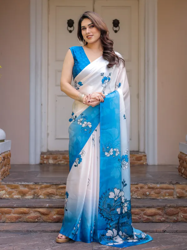 White_Blue_Floral_Printed_Satin_Georgette_Saree_for_Women_with_Designer_Blouse_|_Elegant_Soft_Party_Wear_Saree