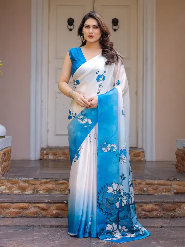 White_Blue_Floral_Printed_Satin_Georgette_Saree_for_Women_with_Designer_Blouse_|_Elegant_Soft_Party_Wear_Saree