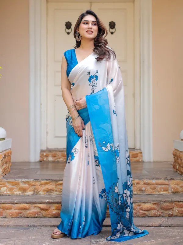 White_Blue_Floral_Printed_Satin_Georgette_Saree_for_Women_with_Designer_Blouse_|_Elegant_Soft_Party_Wear_Saree