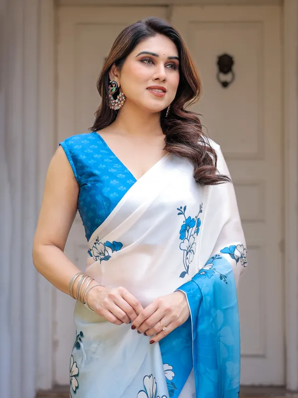 White_Blue_Floral_Printed_Satin_Georgette_Saree_for_Women_with_Designer_Blouse_|_Elegant_Soft_Party_Wear_Saree