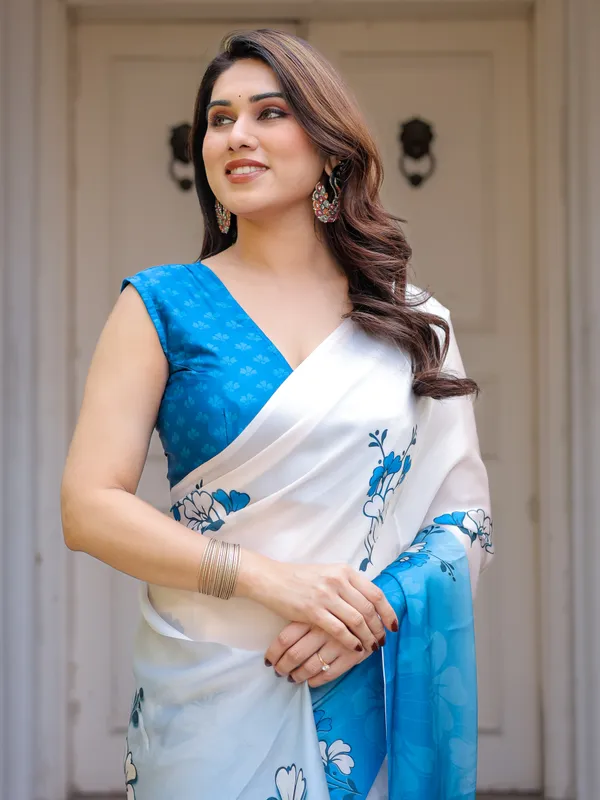 White_Blue_Floral_Printed_Satin_Georgette_Saree_for_Women_with_Designer_Blouse_|_Elegant_Soft_Party_Wear_Saree