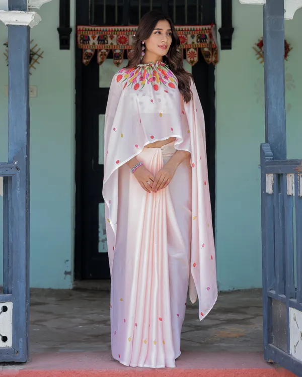 Peach_Pink_Satin_Georgette_Designer_Saree_with_Tulip_Mandala_Artwork_&_Printed__Handsfree_Pallu_Loop_With_Unstitched_Blouse