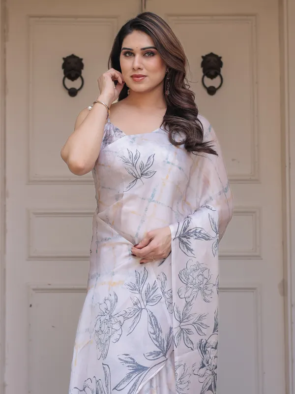 Off_White_Floral_Print_Satin_Georgette_Saree_with_Designer_Blouse_for_Women_|_Elegant_Party_Wear_Saree