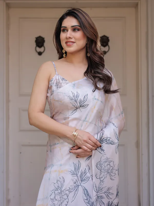 Off_White_Floral_Print_Satin_Georgette_Saree_with_Designer_Blouse_for_Women_|_Elegant_Party_Wear_Saree