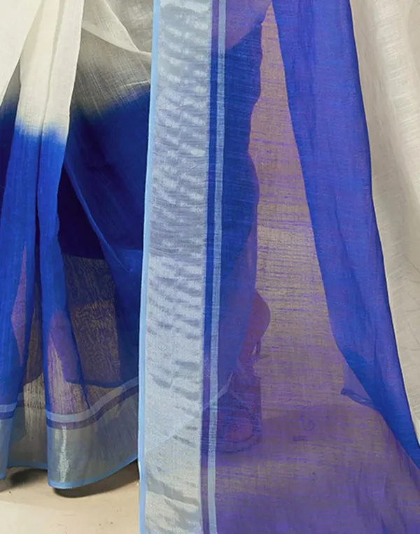 White_Linen_Saree_with_Blue_Border_for_Women_|_Elegant_Party_Wear_Saree