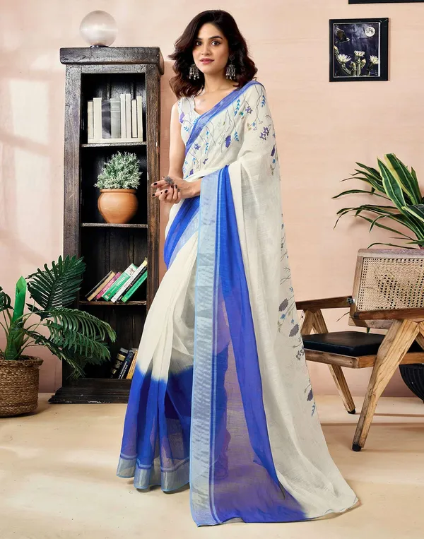 White_Linen_Saree_with_Blue_Border_for_Women_|_Elegant_Party_Wear_Saree