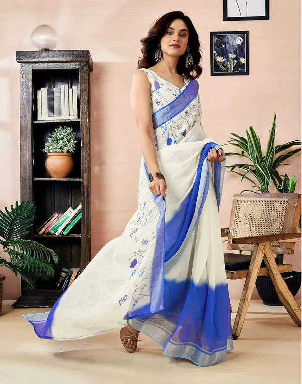 White_Linen_Saree_with_Blue_Border_for_Women_|_Elegant_Party_Wear_Saree