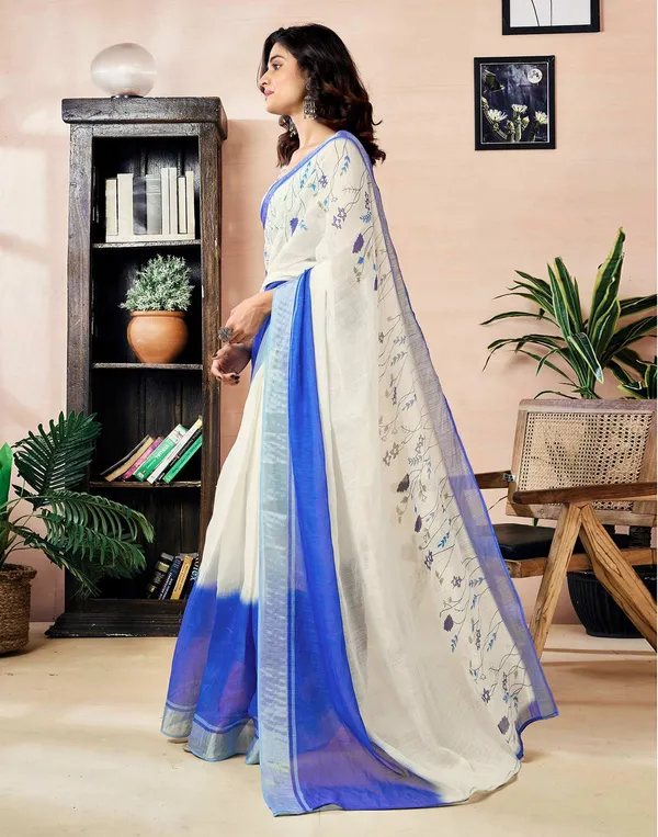 White_Linen_Saree_with_Blue_Border_for_Women_|_Elegant_Party_Wear_Saree