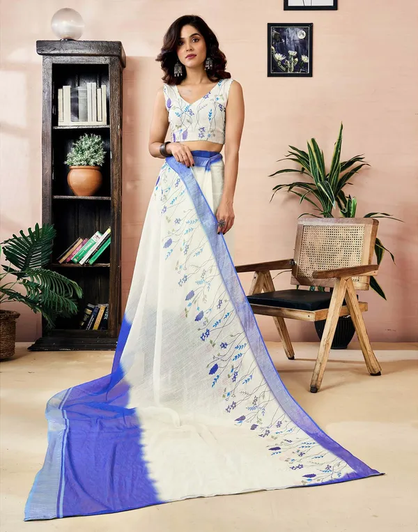 White_Linen_Saree_with_Blue_Border_for_Women_|_Elegant_Party_Wear_Saree