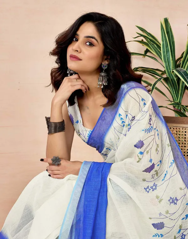 White_Linen_Saree_with_Blue_Border_for_Women_|_Elegant_Party_Wear_Saree
