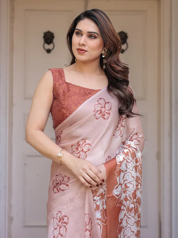 Peach_Satin_Georgette_Floral_Printed_Saree_with_Rust_Blouse_for_Women_|_Elegant_Designer_Party_Wear_Saree