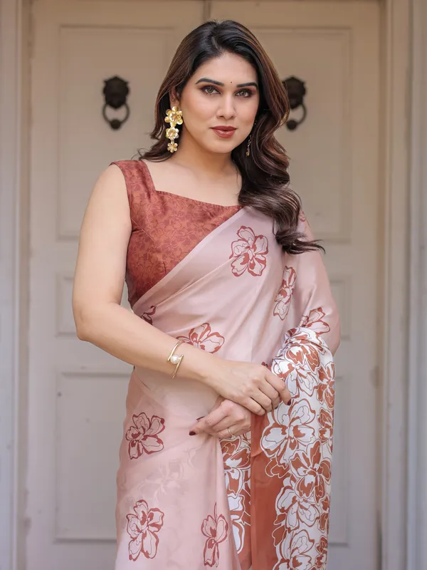 Peach_Satin_Georgette_Floral_Printed_Saree_with_Rust_Blouse_for_Women_|_Elegant_Designer_Party_Wear_Saree