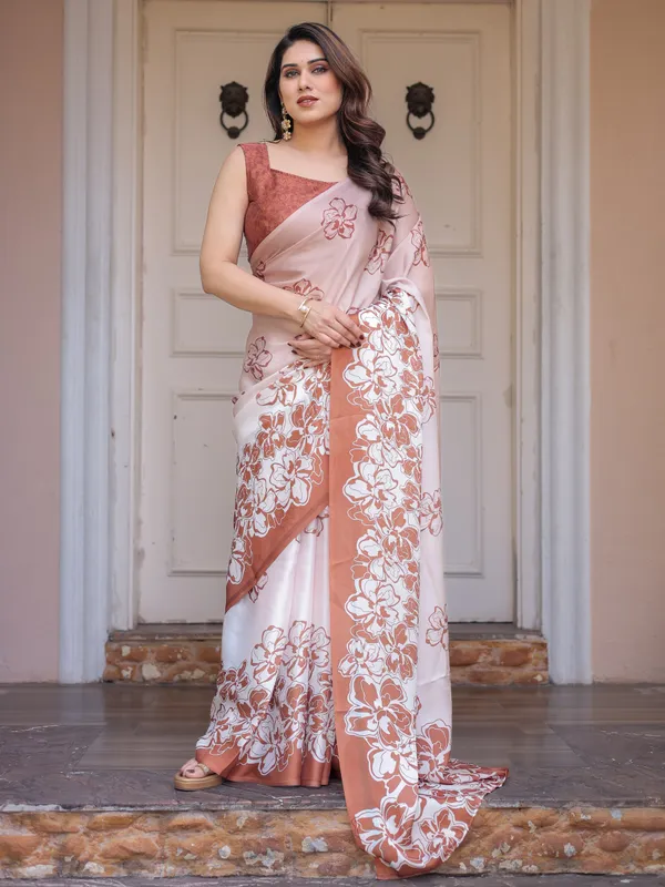 Peach_Satin_Georgette_Floral_Printed_Saree_with_Rust_Blouse_for_Women_|_Elegant_Designer_Party_Wear_Saree