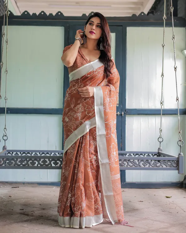 Terracotta_Brown_Floral_Handprinted_Pure_Cotton_Linen_Saree_Tassels_With_Unstitched_Blouse