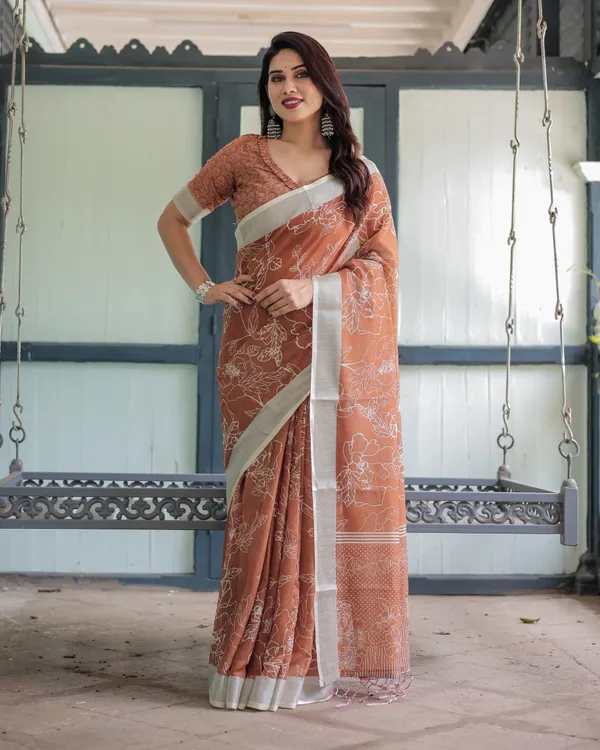 Terracotta_Brown_Floral_Handprinted_Pure_Cotton_Linen_Saree_Tassels_With_Unstitched_Blouse