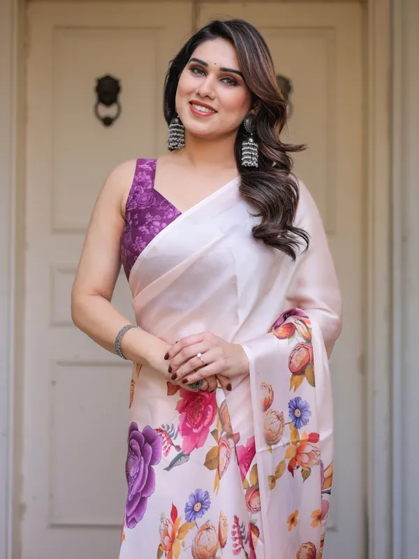 Off_White_Floral_Print_Satin_Georgette_Saree_with_Designer_Blouse_for_Women_|_Elegant_Party_Wear_Saree