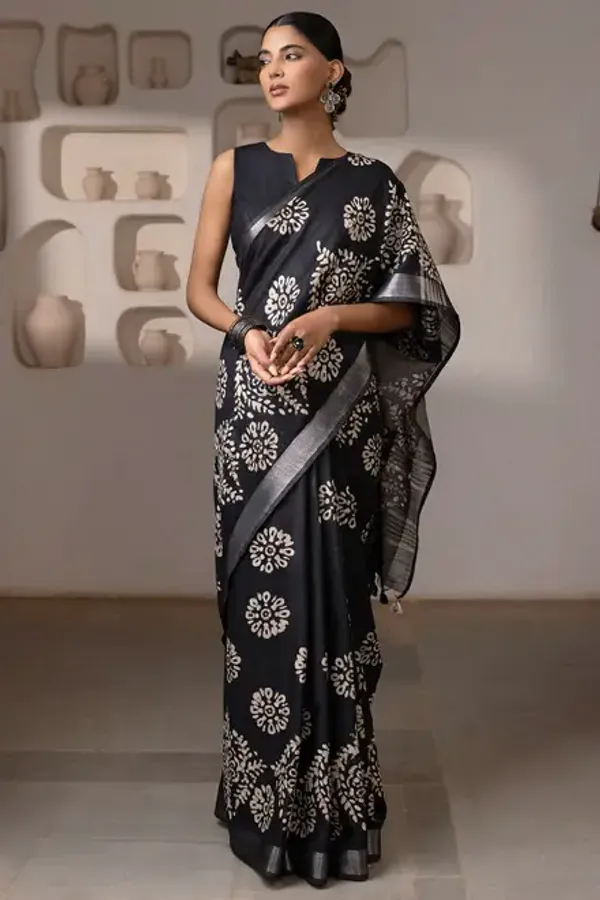 Black_Linen_Batik_Print_Saree_with_Tassels_for_Women_|_Elegant_Ethnic_Designer_Saree_for_Party_&_Casual_Wear