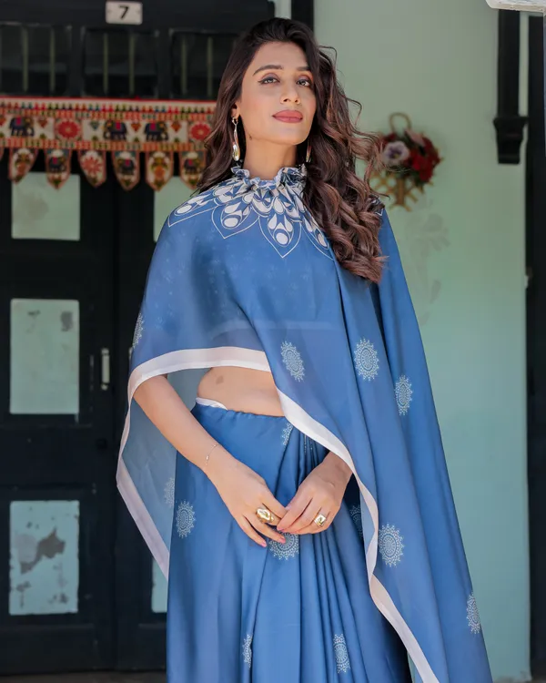 Ocean_Blue_Satin_Georgette_Freehand_Saree_with_White_Mandala_Motifs_&_Printed_Ikat__Handsfree_Loop_Drape_With_Unstitched_Blouse
