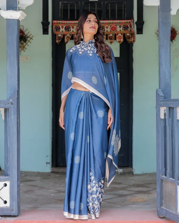 Ocean_Blue_Satin_Georgette_Freehand_Saree_with_White_Mandala_Motifs_&_Printed_Ikat__Handsfree_Loop_Drape_With_Unstitched_Blouse