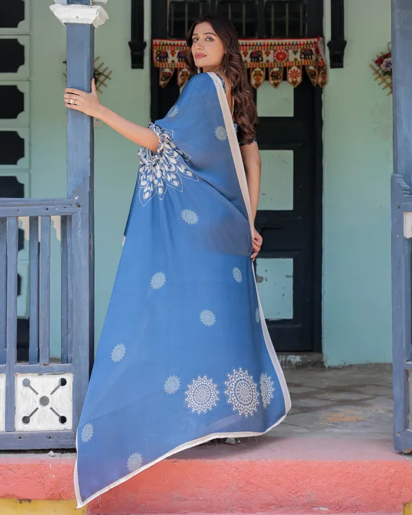 Ocean_Blue_Satin_Georgette_Freehand_Saree_with_White_Mandala_Motifs_&_Printed_Ikat__Handsfree_Loop_Drape_With_Unstitched_Blouse