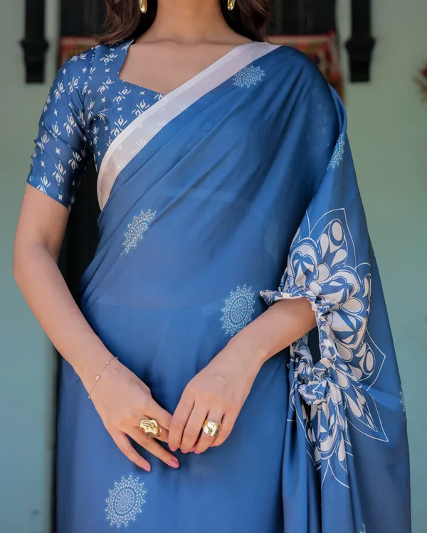 Ocean_Blue_Satin_Georgette_Freehand_Saree_with_White_Mandala_Motifs_&_Printed_Ikat__Handsfree_Loop_Drape_With_Unstitched_Blouse