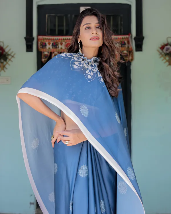 Ocean_Blue_Satin_Georgette_Freehand_Saree_with_White_Mandala_Motifs_&_Printed_Ikat__Handsfree_Loop_Drape_With_Unstitched_Blouse