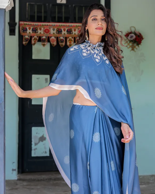 Ocean_Blue_Satin_Georgette_Freehand_Saree_with_White_Mandala_Motifs_&_Printed_Ikat__Handsfree_Loop_Drape_With_Unstitched_Blouse