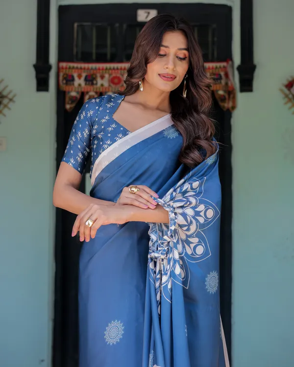 Ocean_Blue_Satin_Georgette_Freehand_Saree_with_White_Mandala_Motifs_&_Printed_Ikat__Handsfree_Loop_Drape_With_Unstitched_Blouse