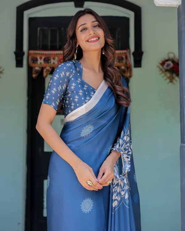 Ocean_Blue_Satin_Georgette_Freehand_Saree_with_White_Mandala_Motifs_&_Printed_Ikat__Handsfree_Loop_Drape_With_Unstitched_Blouse