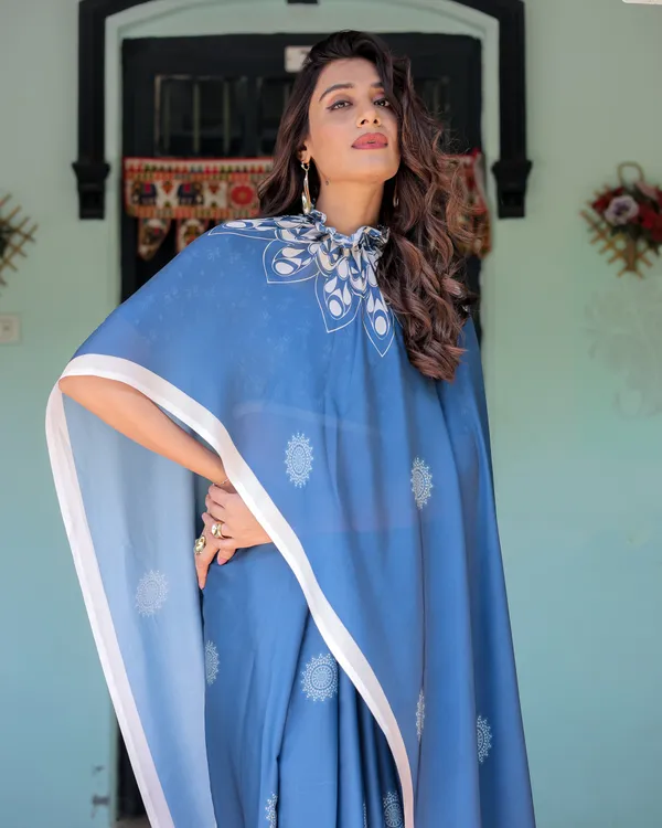 Ocean_Blue_Satin_Georgette_Freehand_Saree_with_White_Mandala_Motifs_&_Printed_Ikat__Handsfree_Loop_Drape_With_Unstitched_Blouse