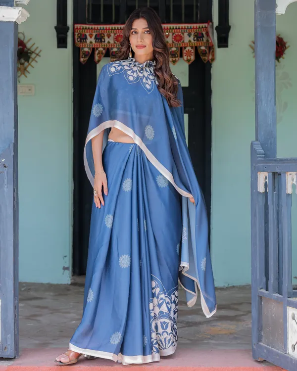 Ocean_Blue_Satin_Georgette_Freehand_Saree_with_White_Mandala_Motifs_&_Printed_Ikat__Handsfree_Loop_Drape_With_Unstitched_Blouse